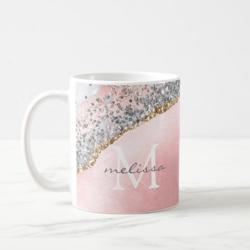 Rose Gold Pink Agate Glitter Marble Monogram Name Coffee Mug