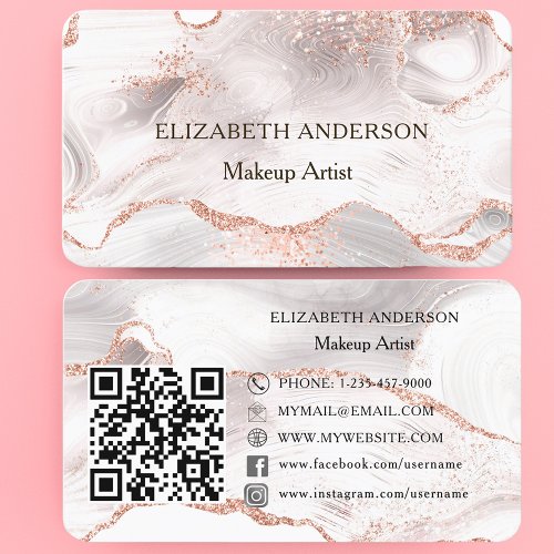 Rose gold pink agate marble QR code social media Business Card