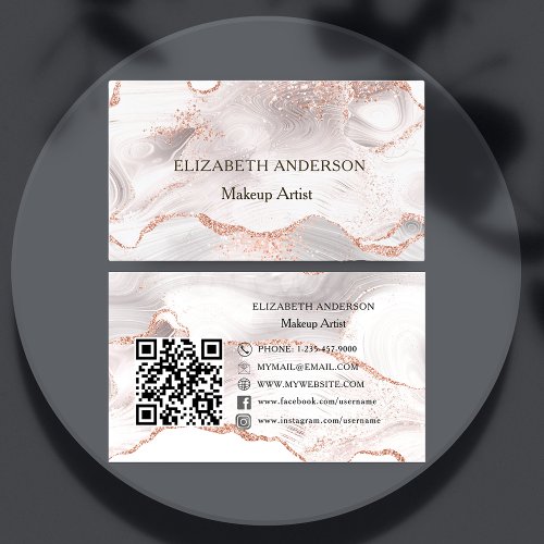 Rose gold pink agate marble QR code social media Business Card