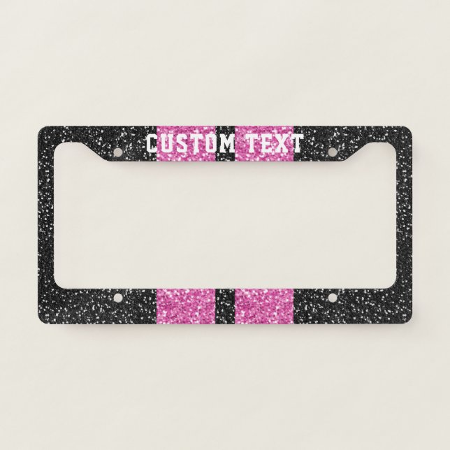 Rose Gold Pink and Black Glitter Racing Stripes License Plate Frame (Front)