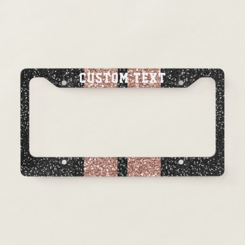 Rose Gold Pink and Black Glitter Racing Stripes License Plate Frame