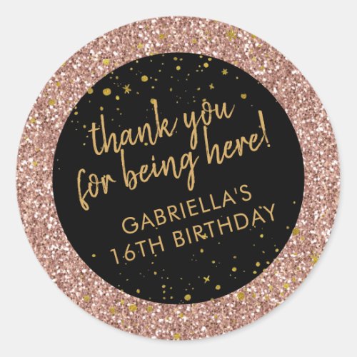 Rose Gold Pink and Black Glitter Thank You Favor Classic Round Sticker