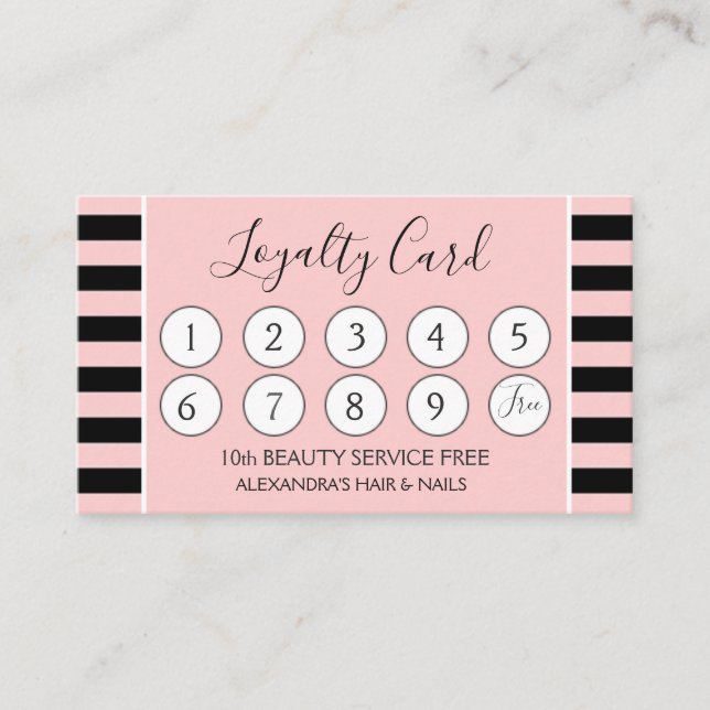 Rose Gold - Pink and Black Stripe Girly Loyalty Card (Front)
