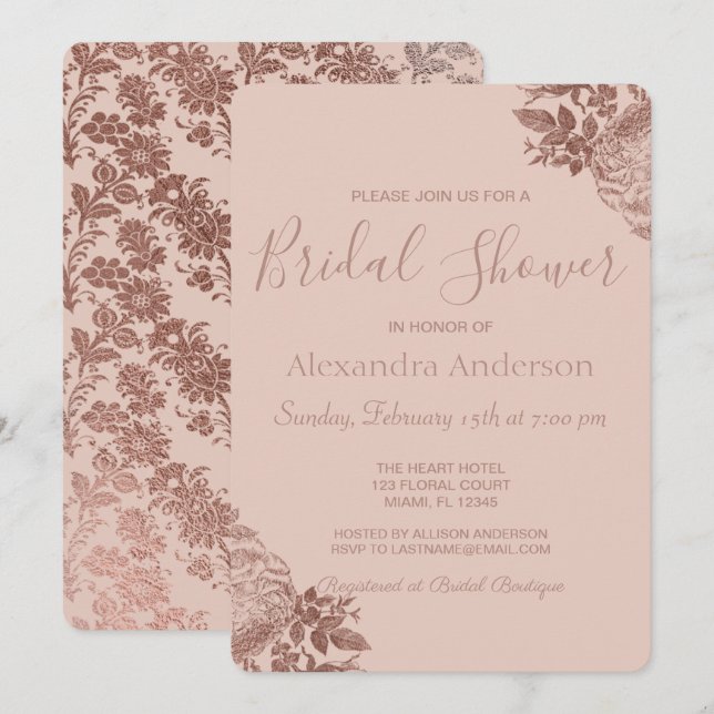 Rose Gold Pink and Blush Pink Floral Bridal Shower Invitation (Front/Back)
