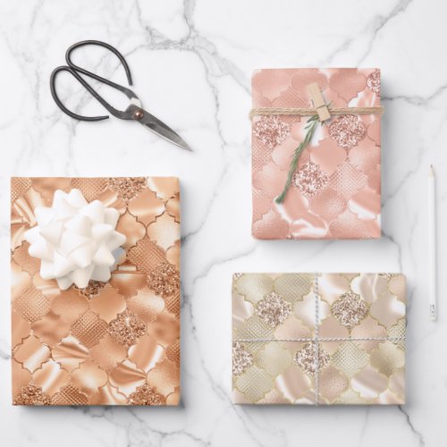 Rose Gold Pink and Ivory Moroccan Quatrefoil Wrapping Paper Sheets