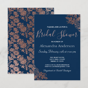 Rose Gold Pink and Navy Blue Floral Bridal Shower Invitation