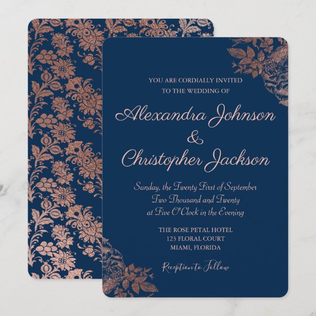 Rose Gold Pink and Navy Blue Floral Roses Wedding Invitation (Front/Back)
