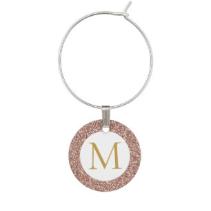 Rose Gold Pink and White Glitter Monogram Initial Wine Charm