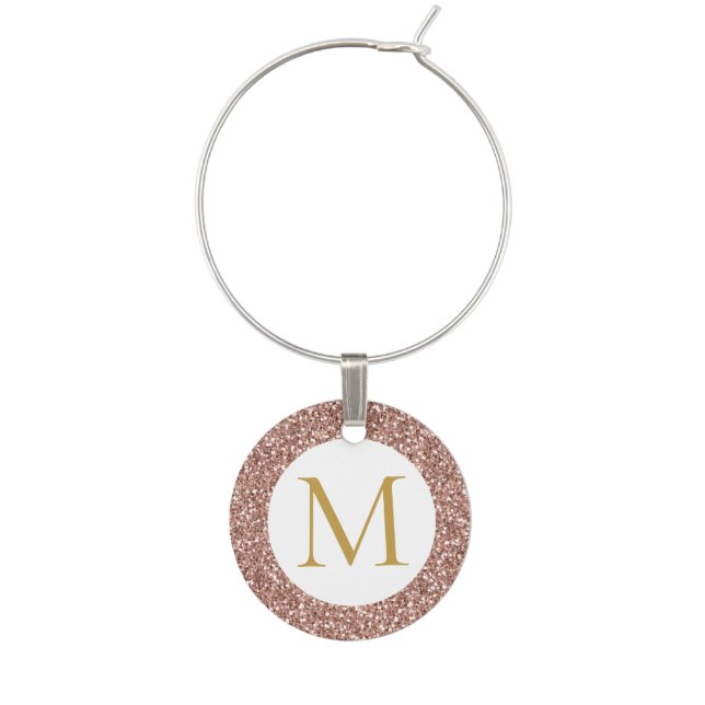 Rose Gold Pink and White Glitter Monogram Initial Wine Charm (Front)