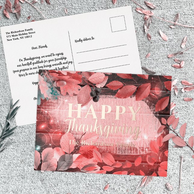 Rose Gold Pink Autumn Leaves Family Thanksgiving Foil Holiday Postcard (Creator Uploaded)