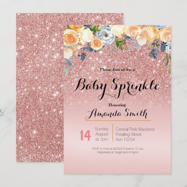 Rose Gold Pink Baby Sprinkle invitation Blue (Front/Back)