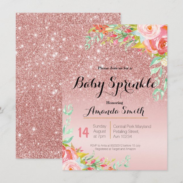 Rose Gold Pink Baby Sprinkle invitation Floral (Front/Back)
