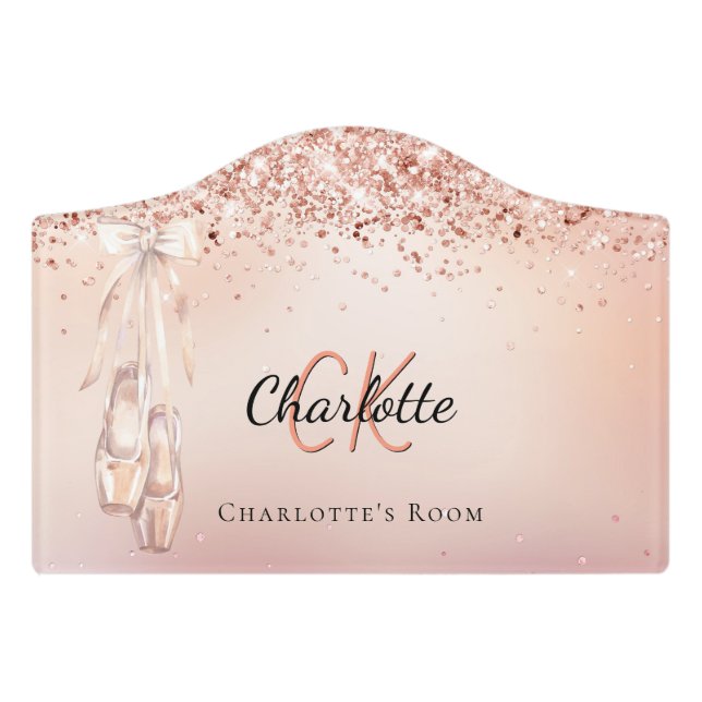 Rose gold pink ballet dance shoes name door sign (Small Crest Front)