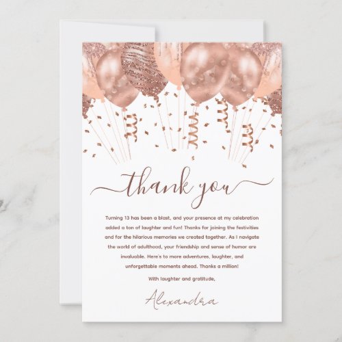 Rose Gold Pink Balloons 13th Birthday Party Thank You Card