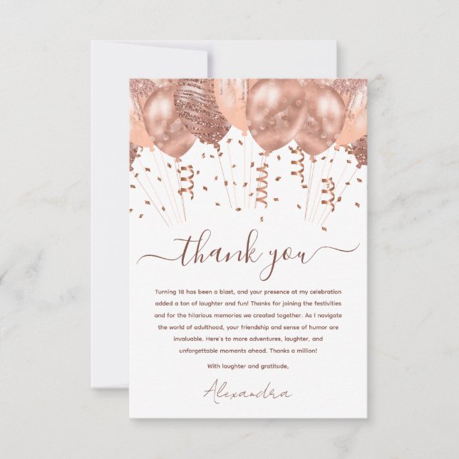Rose Gold Pink Balloons 18th Birthday Party Thank You Card (Front)