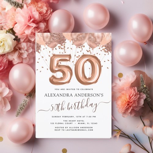 Rose Gold _ Pink Balloons 50th Birthday Party Invitation