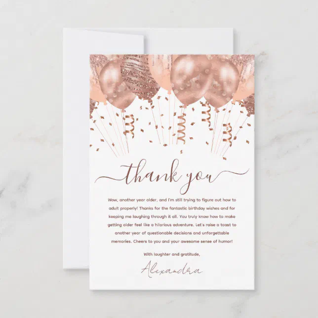 Rose Gold Pink Balloons Birthday Party Thank You Card | Zazzle