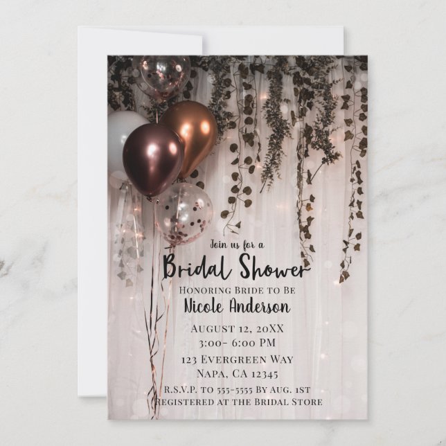 Rose Gold Pink Balloons Lights & Ivy Bridal Shower Invitation (Front)