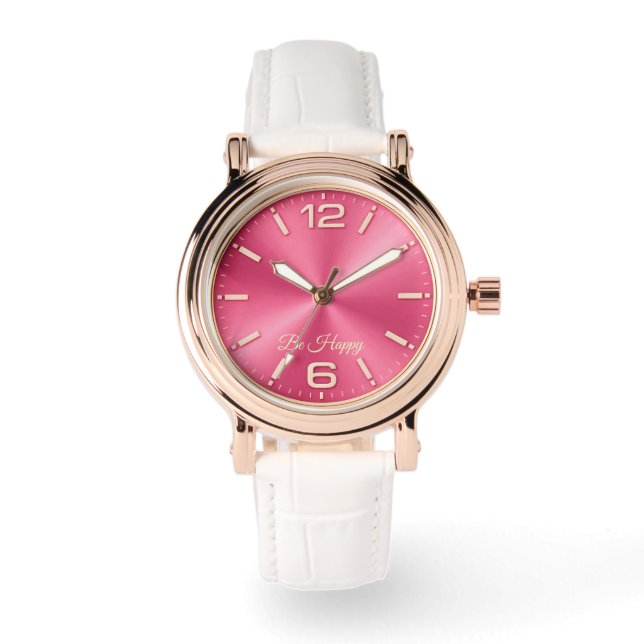 Rose Gold & Pink "Be Happy" Watch with White Strap (Front)