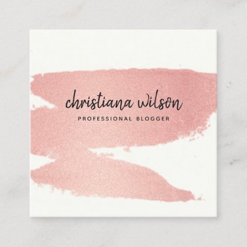 ROSE GOLD PINK BLACK BRUSH STROKE CALLIGRAPHY SQUARE BUSINESS CARD