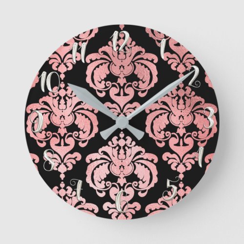 Rose Gold Pink  Black Damask Modern Personalized Round Clock