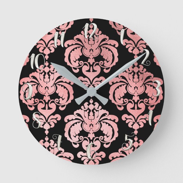 Rose Gold Pink & Black Damask Modern Personalized Round Clock (Front)