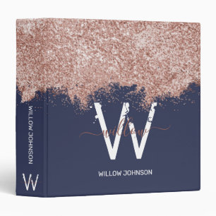 Rose Gold Pink Black Girly Glitter Dust Monogram 3 Ring Binder