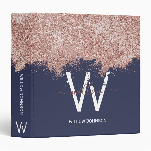 Rose Gold Pink Black Girly Glitter Dust Monogram 3 Ring Binder (Front/Spine)