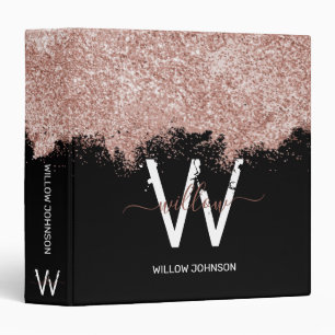 Rose Gold Pink Black Girly Glitter Dust Monogram 3 Ring Binder