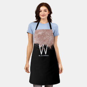 Rose Gold Pink Black Girly Glitter Dust Monogram Apron