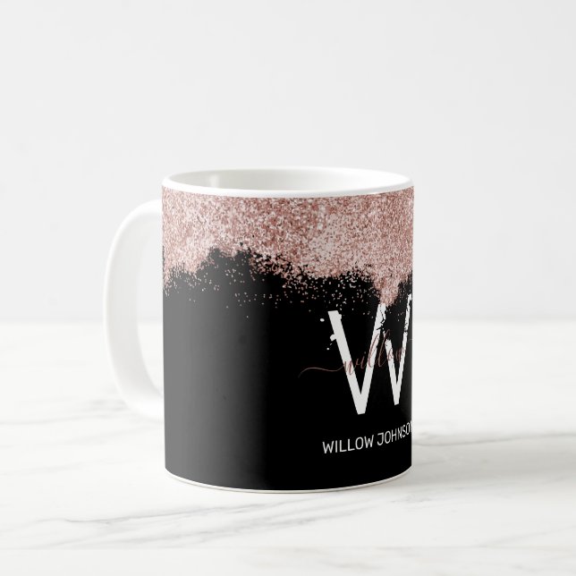 Rose Gold Pink Black Girly Glitter Dust Monogram Coffee Mug (Front Left)