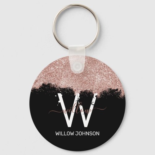 Rose Gold Pink  Black Girly Glitter Dust Monogram Keychain