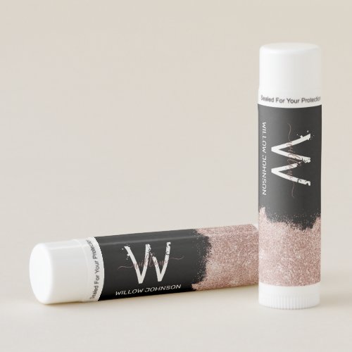 Rose Gold Pink  Black Girly Glitter Dust Monogram Lip Balm