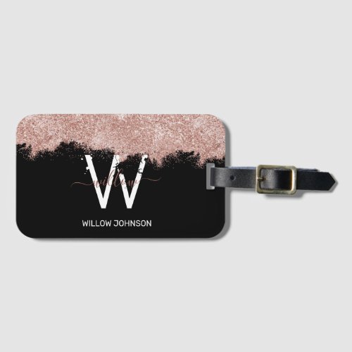 Rose Gold Pink Black Girly Glitter Dust Monogram Luggage Tag