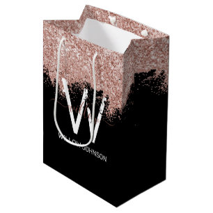 Rose Gold Pink Black Girly Glitter Dust Monogram Medium Gift Bag