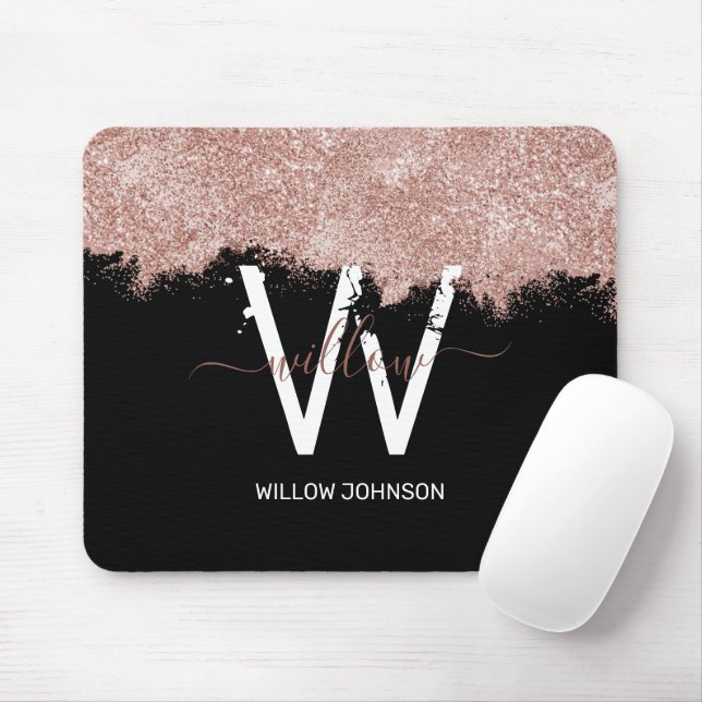 Rose Gold Pink Black Girly Glitter Dust Monogram Mouse Pad (With Mouse)