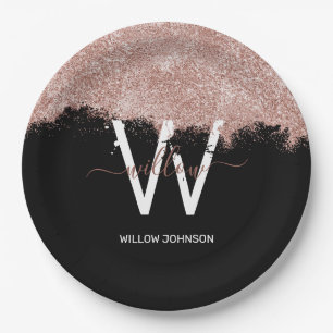 Rose Gold Pink Black Girly Glitter Dust Monogram Paper Plates
