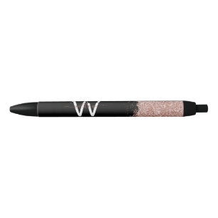 Rose Gold Pink Black Girly Glitter Dust Monogram Pen