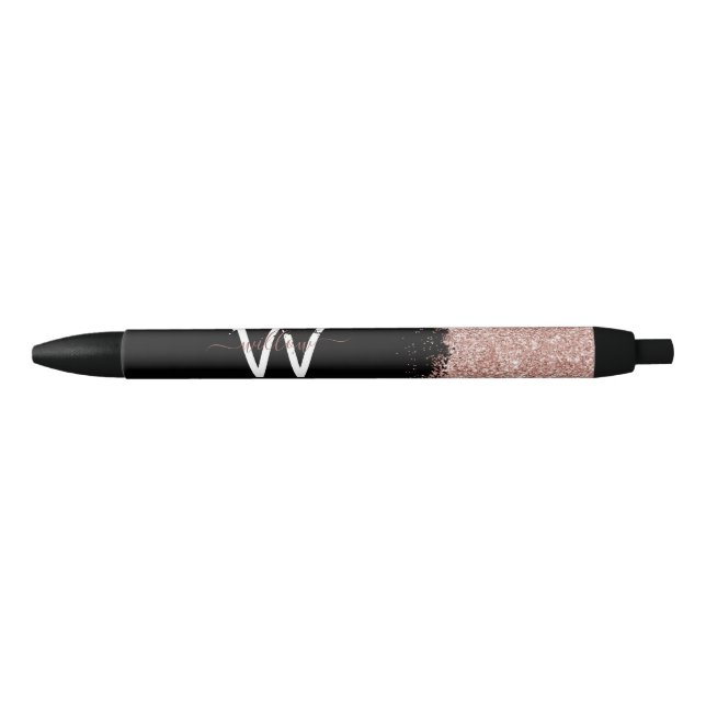 Rose Gold Pink Black Girly Glitter Dust Monogram Pen (Front)