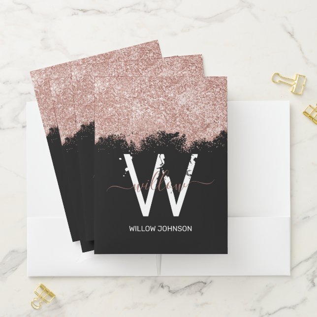 Rose Gold Pink Black Girly Glitter Dust Monogram Pocket Folder (In Situ)