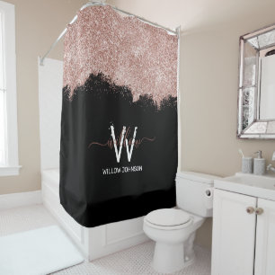 Rose Gold Pink Black Girly Glitter Dust Monogram Shower Curtain