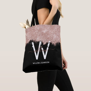 Rose Gold Pink Black Girly Glitter Dust Monogram Tote Bag