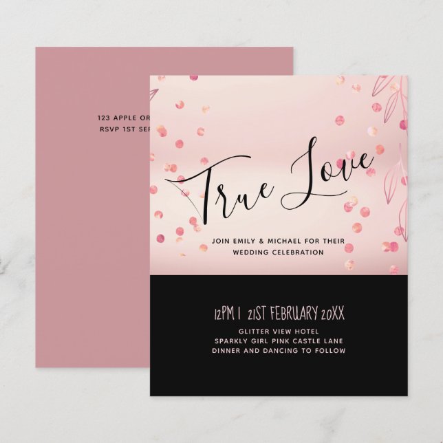 Rose Gold Pink Black Glitter Foil Look WEDDING (Front/Back)