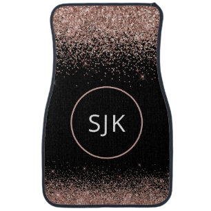Rose Gold Pink Black Glitter Sparkle Monogram Car Car Floor Mat
