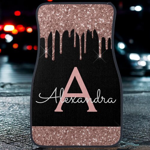 Rose Gold Pink Black Glitter Sparkle Monogram Car  Car Floor Mat