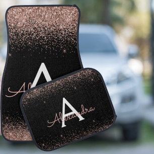 Rose Gold Pink Black Glitter Sparkle Monogram Car Floor Mat