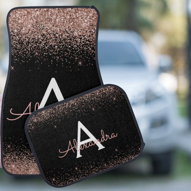 Rose Gold Pink Black Glitter Sparkle Monogram Car Floor Mat (Creator Uploaded)