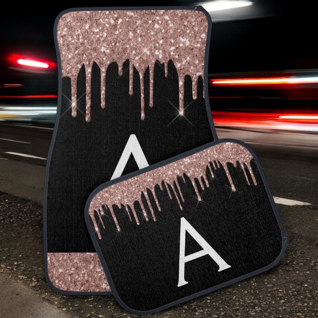 Rose Gold Pink Black Glitter Sparkle Monogram Car Floor Mat (Creator Uploaded)