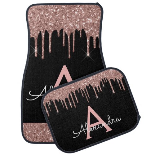 Rose Gold Pink Black Glitter Sparkle Monogram Car Floor Mat