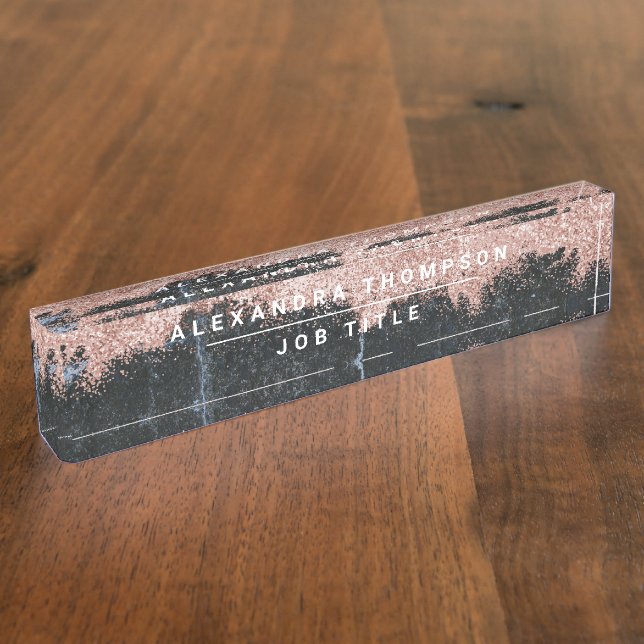 Rose Gold Pink Black Marble Glitter Dust Desk Name Plate (Side)